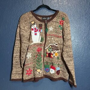 Ugly Christmas Cardigan M Brown Snowman Embroidered‎  Zip Up Sweater